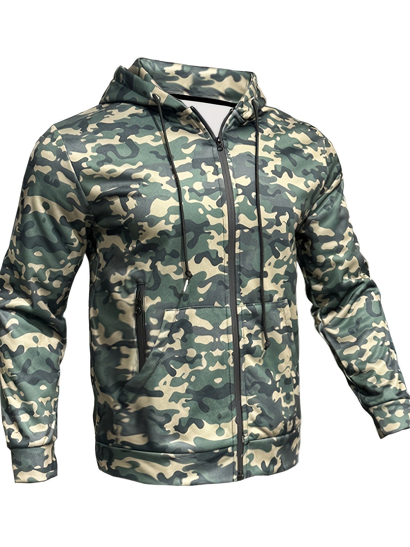 Men's Camo Softshell Hoodie: Zip-Up, Kangaroo Pockets, Sports Style