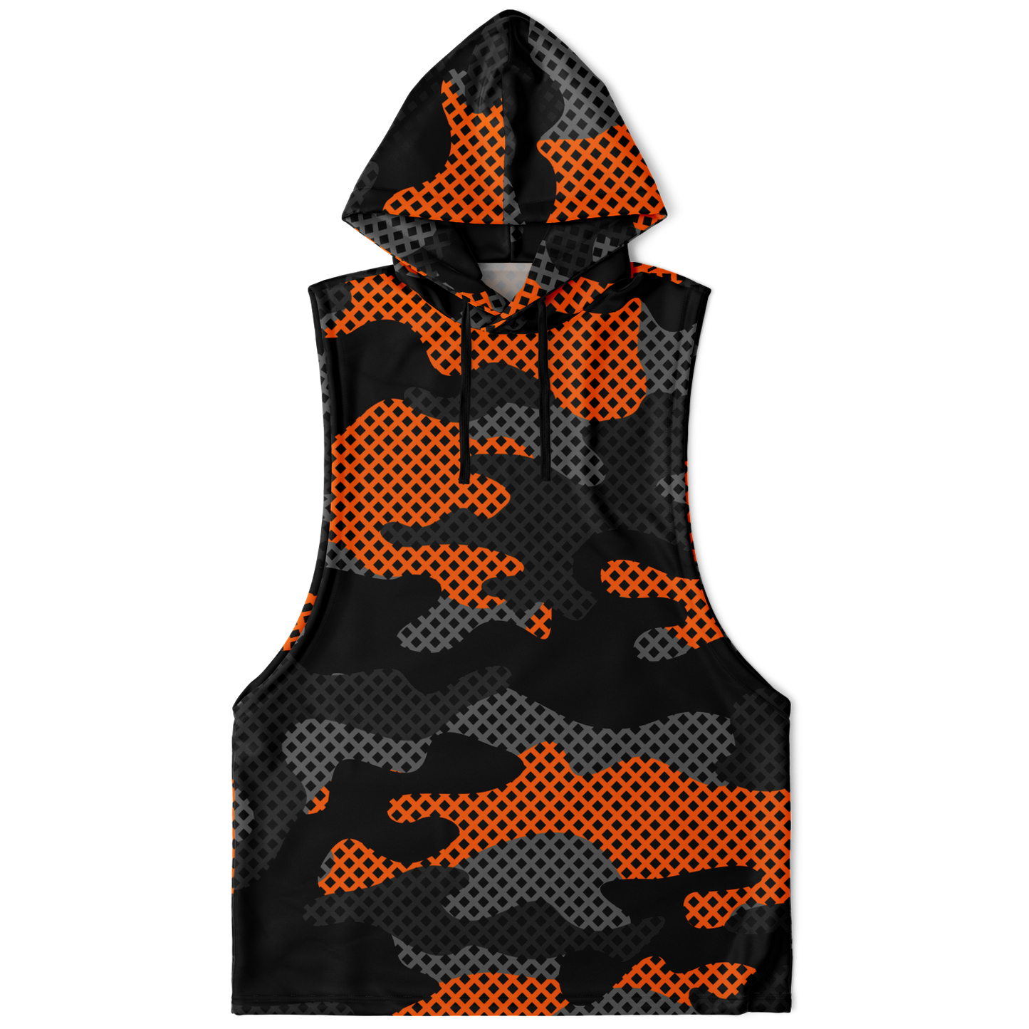 Sleeveless Hoodie | Black & Orange Pixel Camouflage