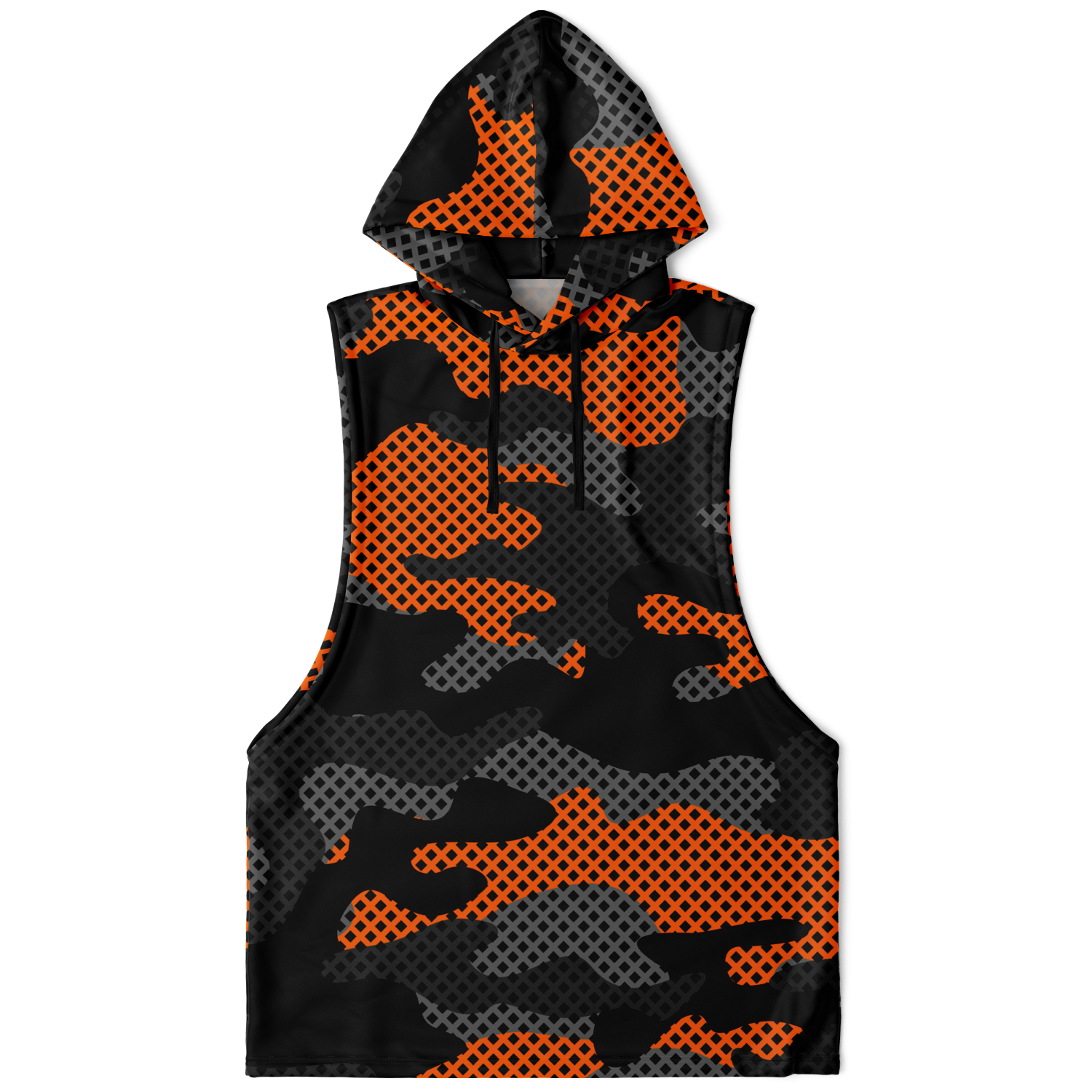 Sleeveless Hoodie | Black & Orange Pixel Camouflage