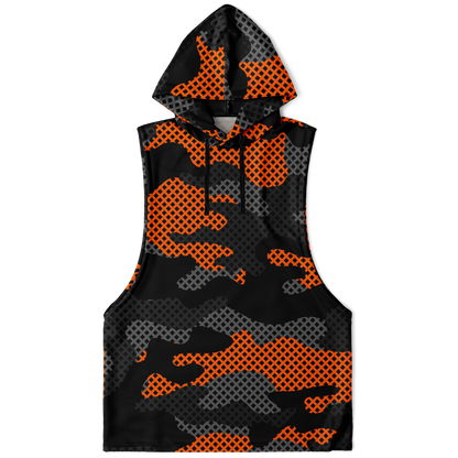 Sleeveless Hoodie | Black & Orange Pixel Camouflage