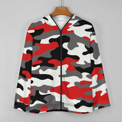 Zip up Camo Hoodie | Red, Black & White Camouflage