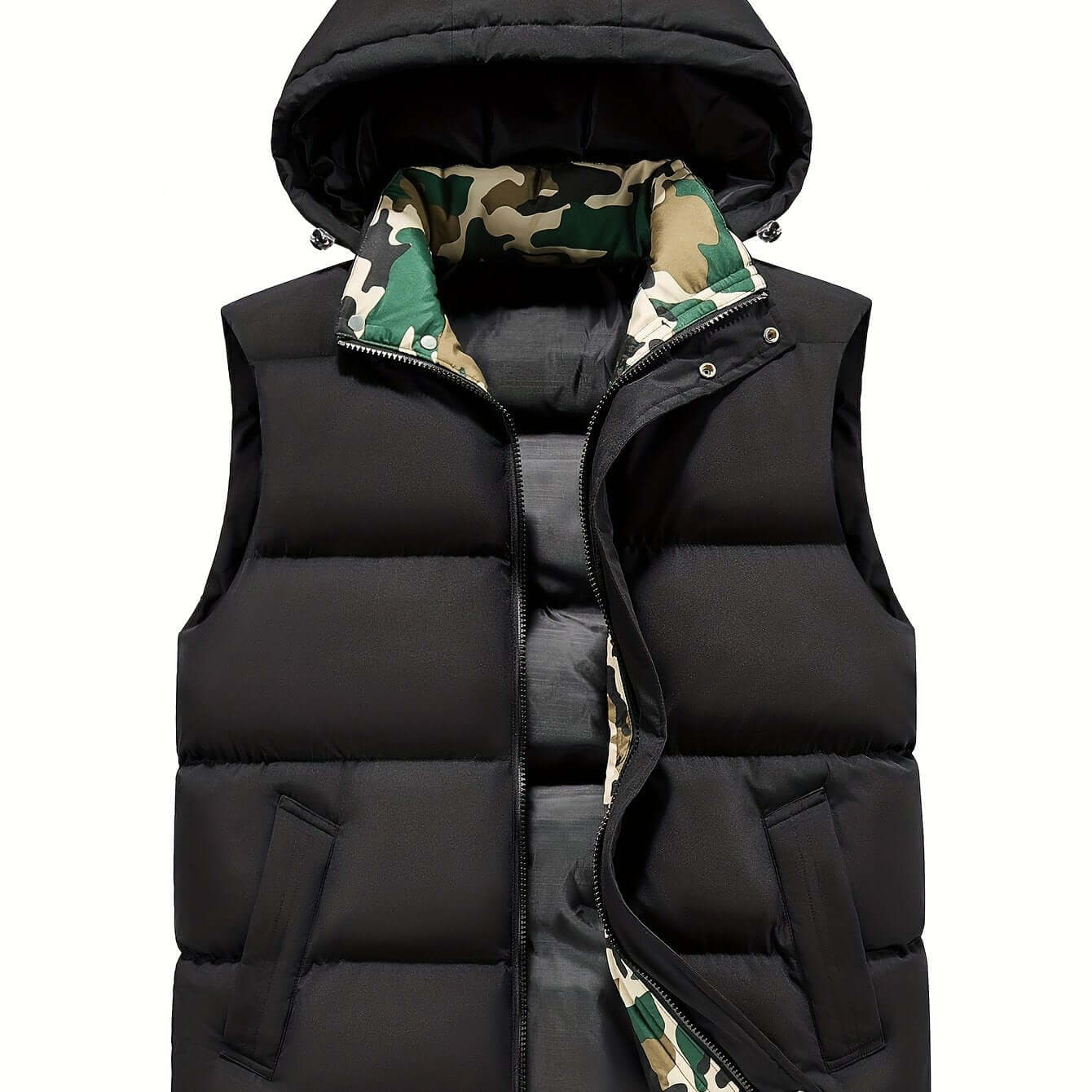 Men's Fleece-Lined Hooded Vest | Stylish Black and Camo Collar