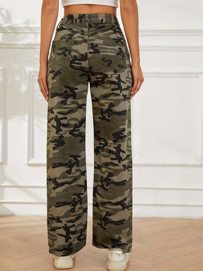 Camo Straight Leg Denim Pants | High Waist Military Casual Wide Leg Jeans