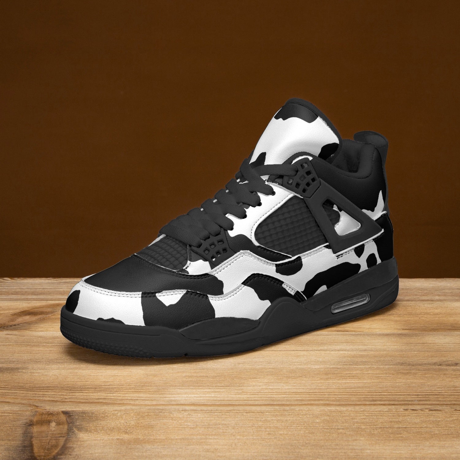 Camo Jordans AJ4 | Black and White Cow Print