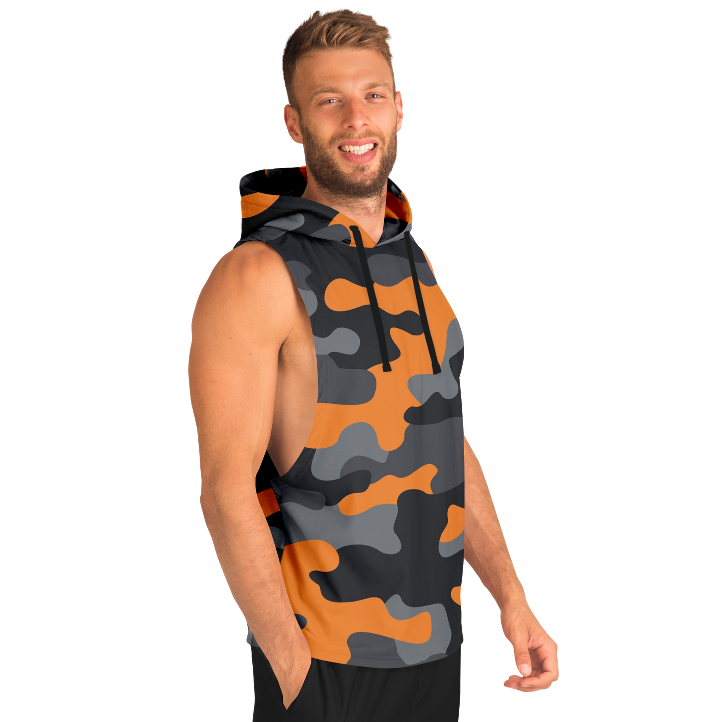 Sleeveless Hoodie | Orange, Gray & Black Camouflage