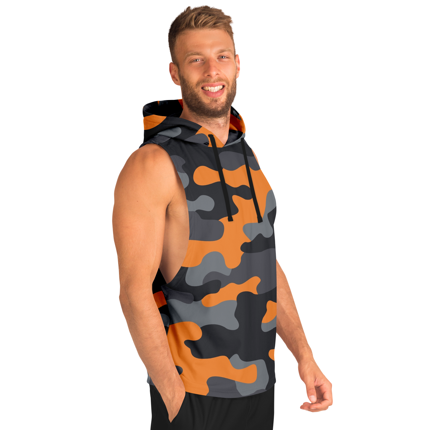 Sleeveless Hoodie | Orange, Gray & Black Camouflage