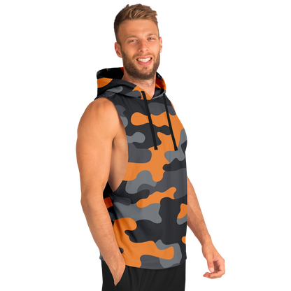 Sleeveless Hoodie | Orange, Gray & Black Camouflage