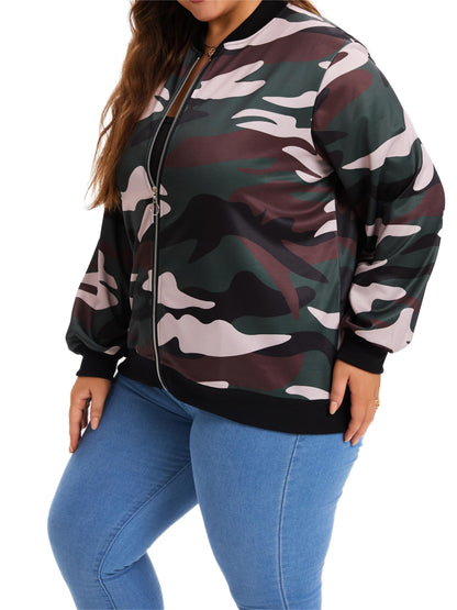 Plus Size Camo Coat | Casual Long Sleeves with Zipper