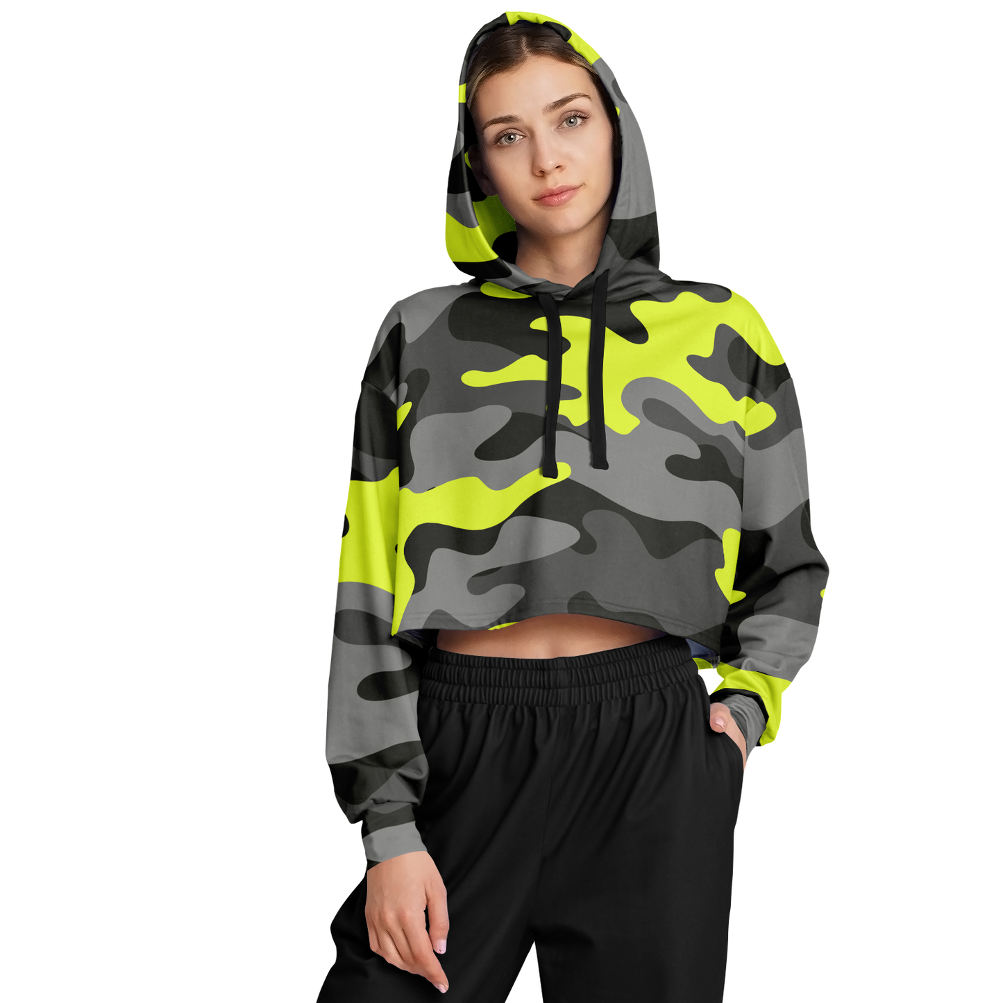 Cropped Hoodie For Women | Black, Gray & Yellow Camouflage