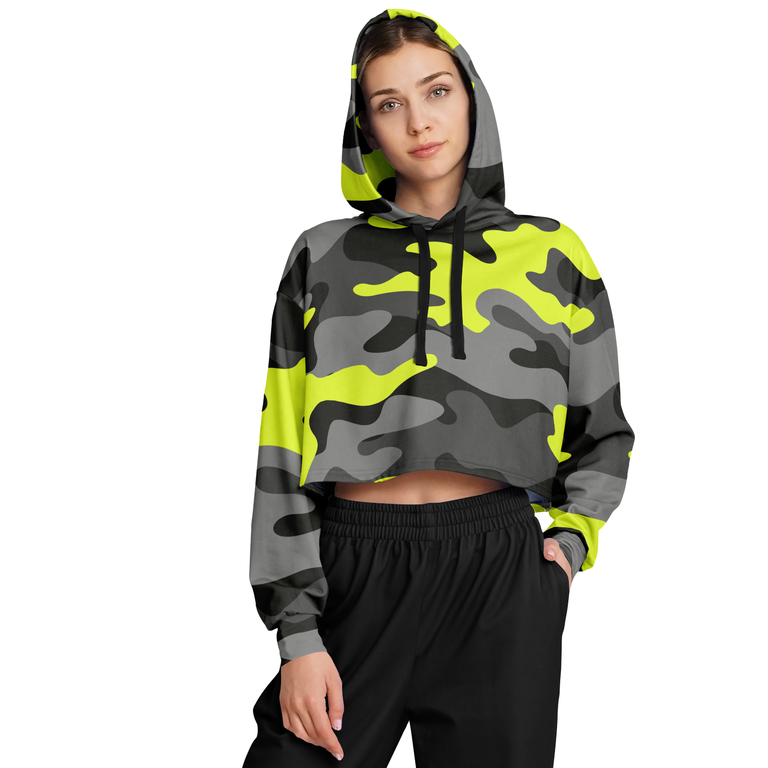 Cropped Hoodie For Women | Black, Gray & Yellow Camouflage