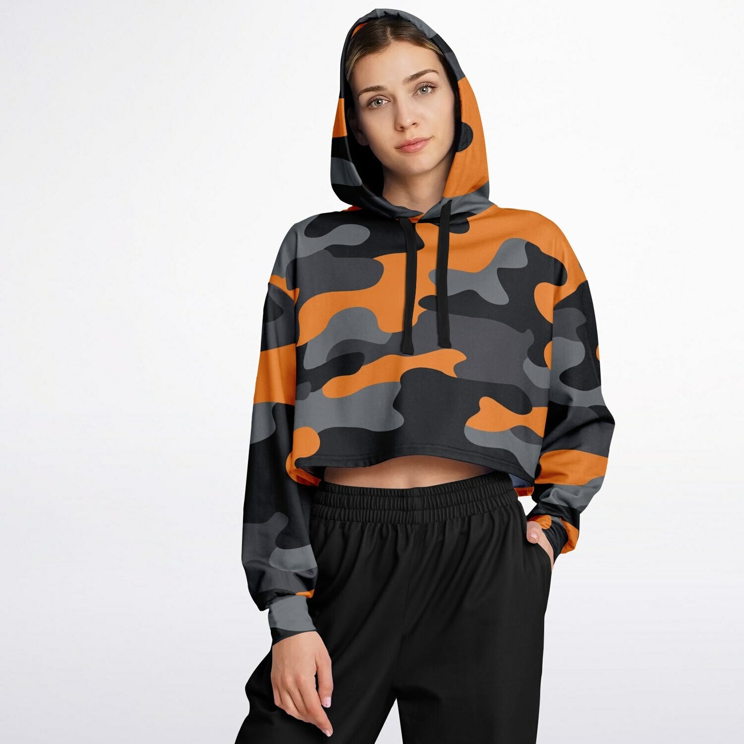 Cropped Hoodie For Women | Orange, Gray & Black Camouflage