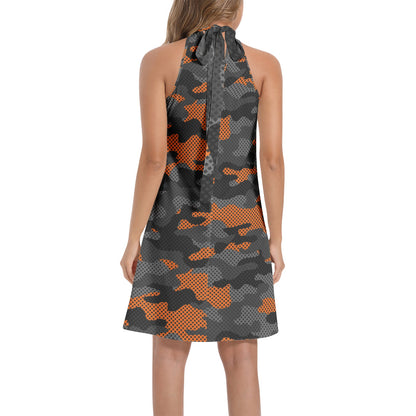 Flared Camo Dress | Halter Neck | Black and Orange Pixel