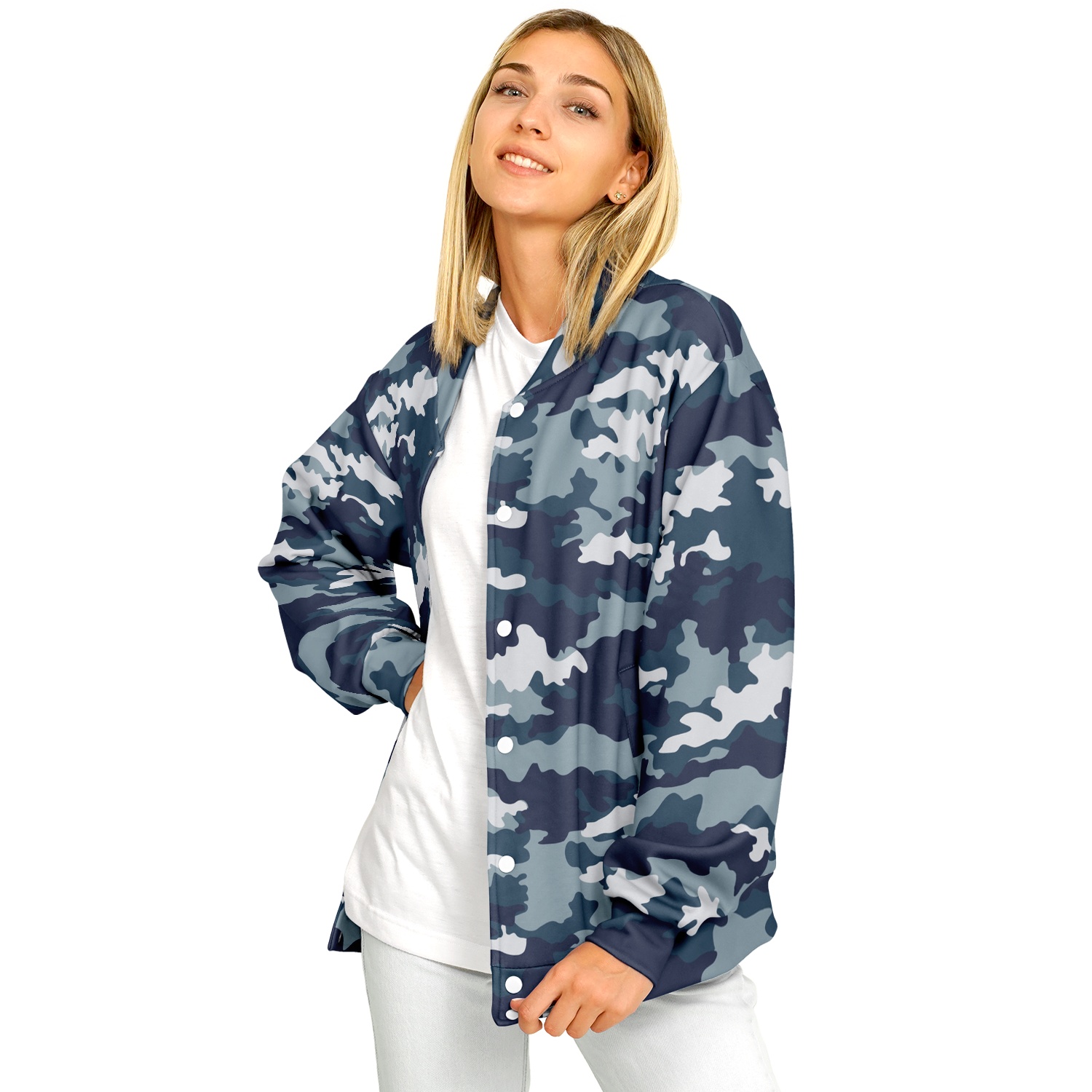 Baseball Jacket in Navy Blue Camouflage Print