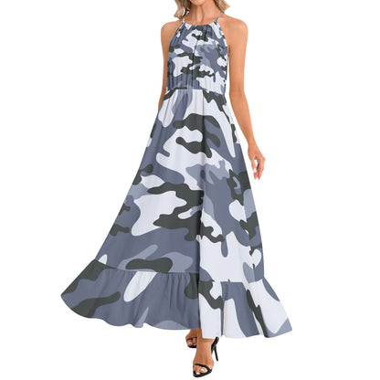 Camo Maxi Dress | Light Blue Camouflage | Ruffle Hem