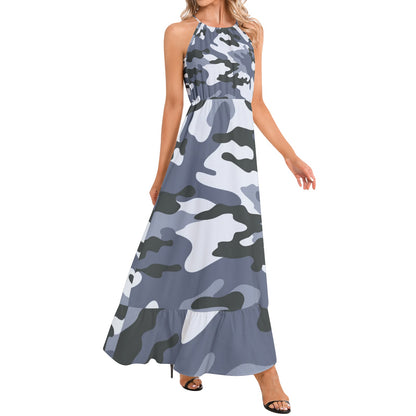 Camo Maxi Dress | Light Blue Camouflage | Ruffle Hem