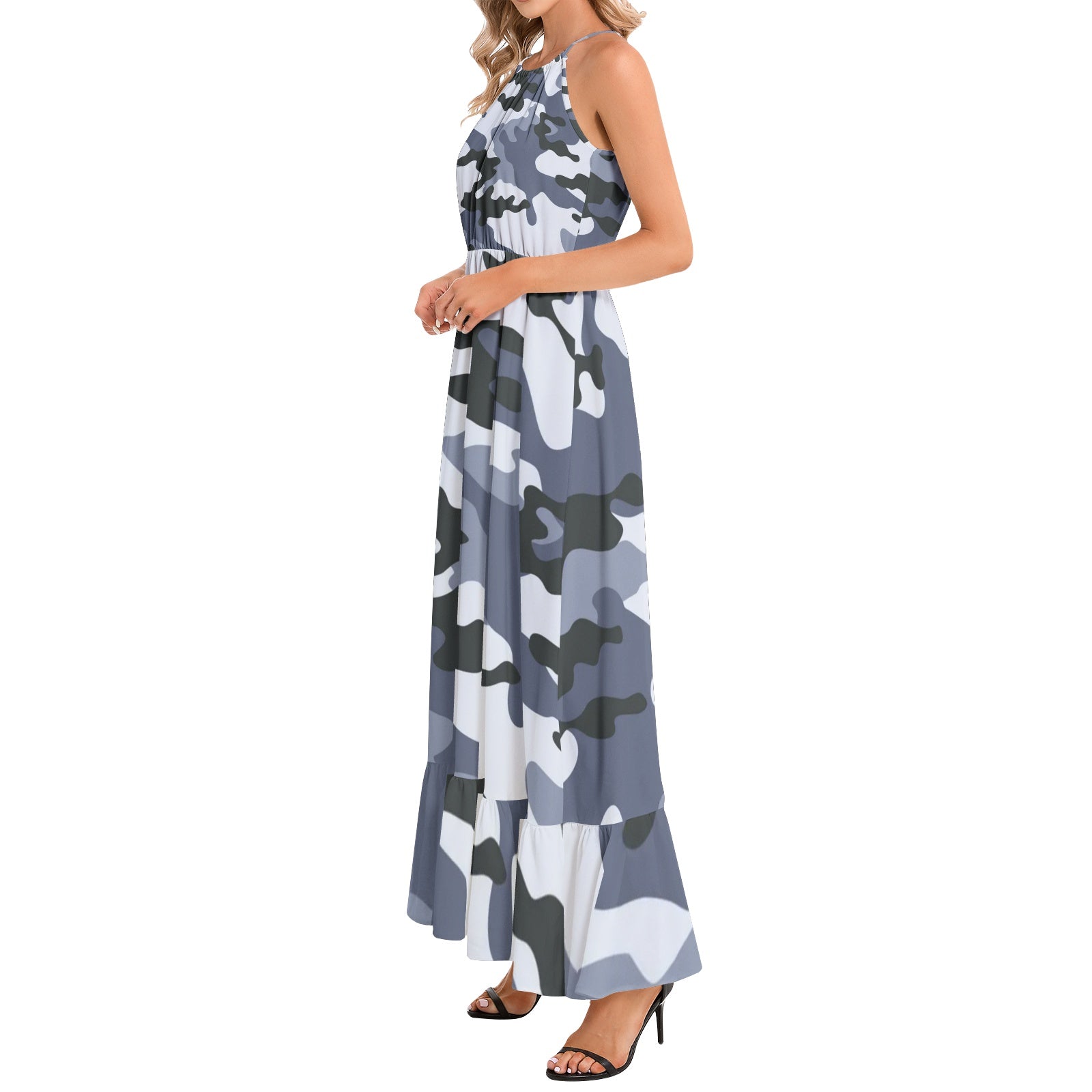 Camo Maxi Dress | Light Blue Camouflage | Ruffle Hem