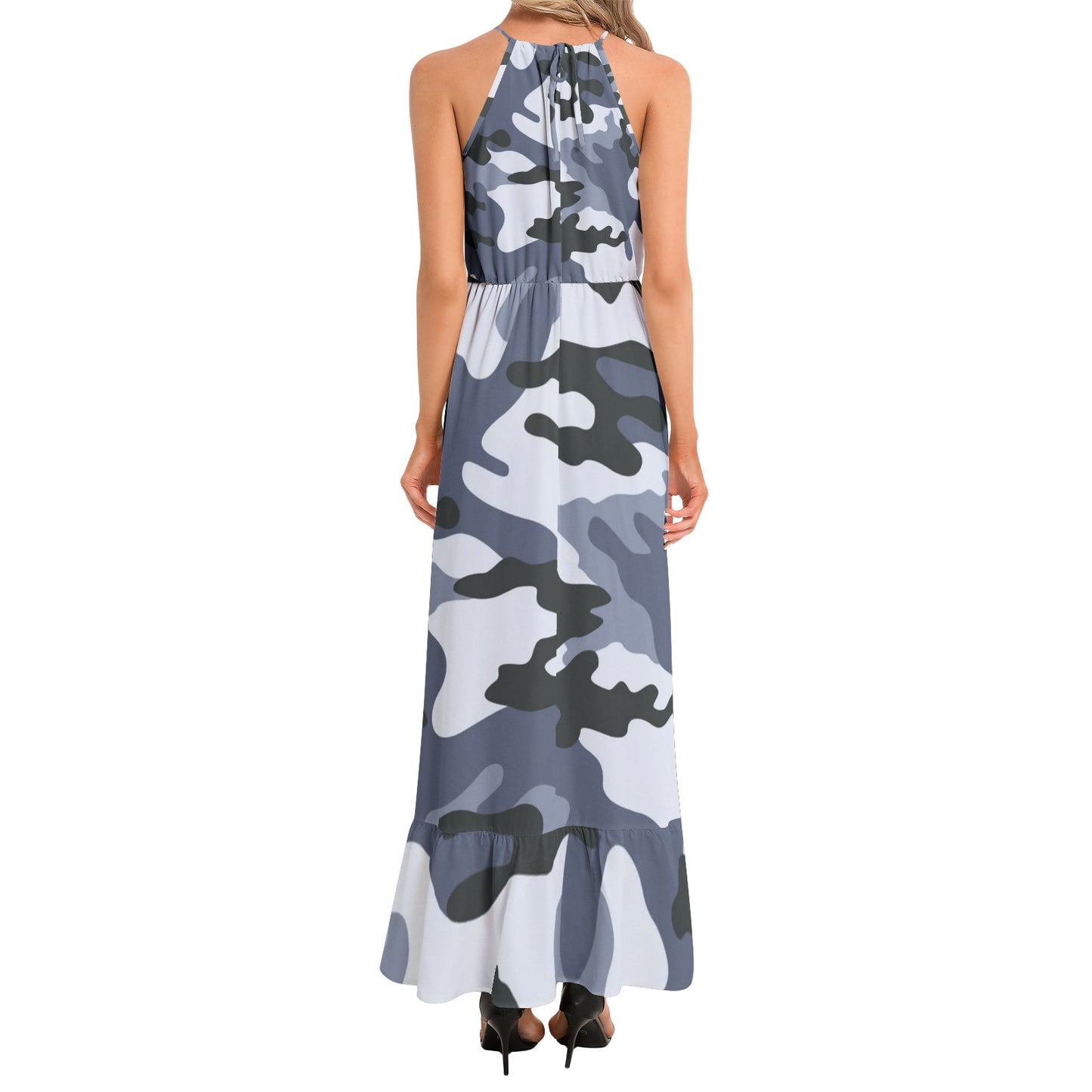 Camo Maxi Dress | Light Blue Camouflage | Ruffle Hem