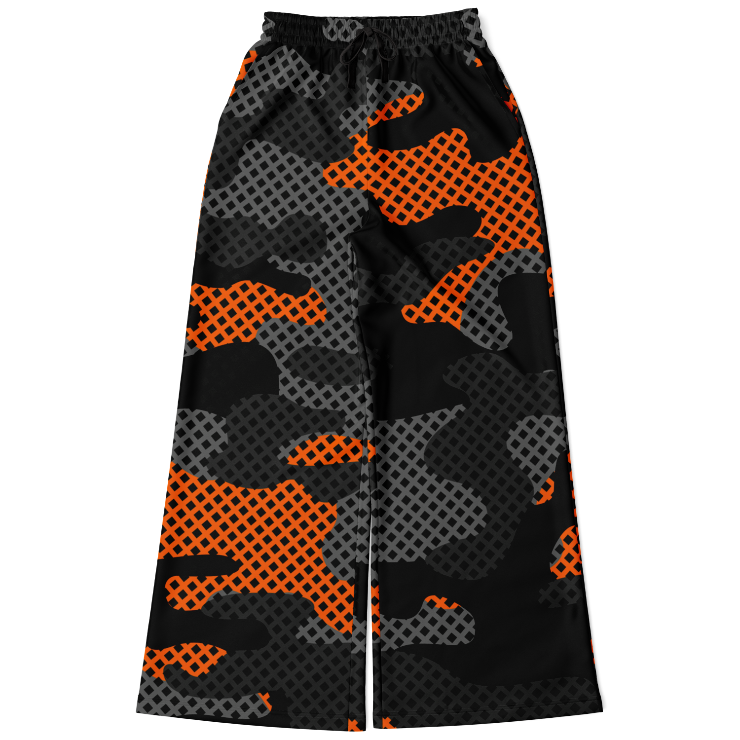 Camo Wide Leg Pants For Women | Black & Orange Pixel Pattern