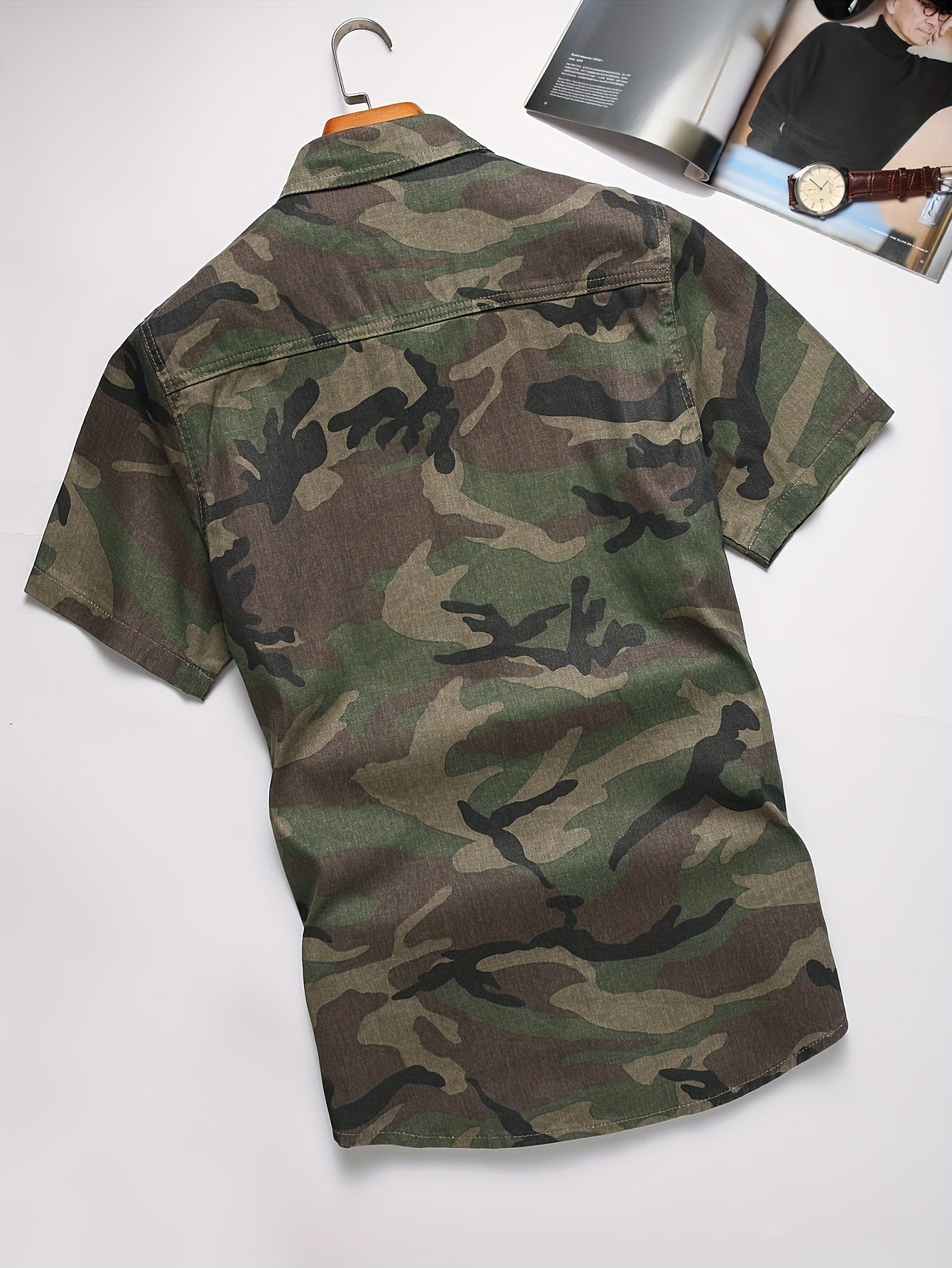 Men's Casual Camo Button Up Short Sleeve Denim Shirt