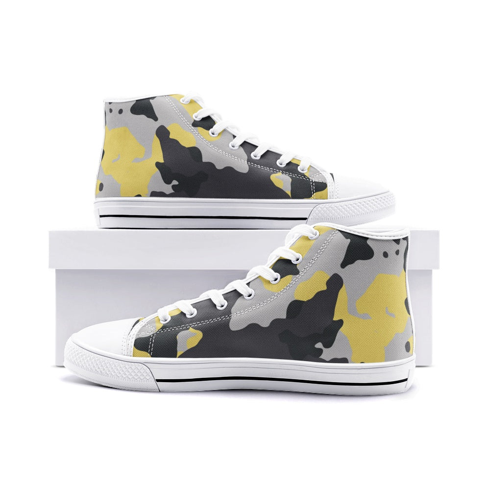 Camo Shoes | HIgh Top Canvas | Yellow, Black, and Silver