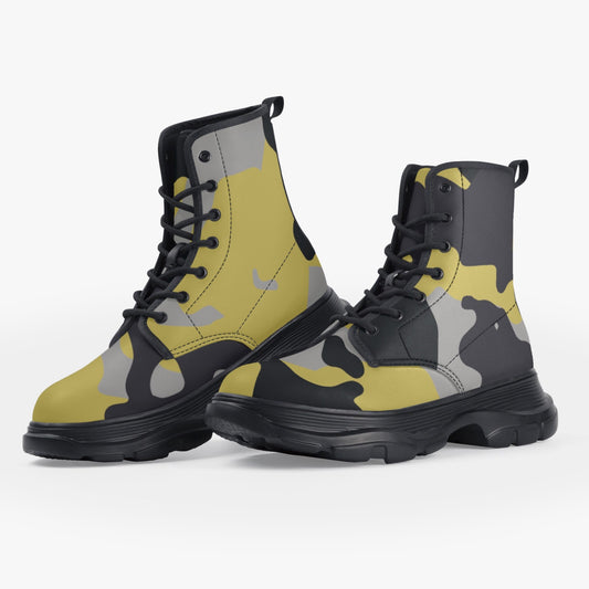 Chunky Boots | Leather in Yellow, Black & Silver Camouflage