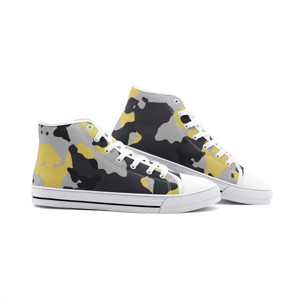 Camo Shoes | HIgh Top Canvas | Yellow, Black, and Silver