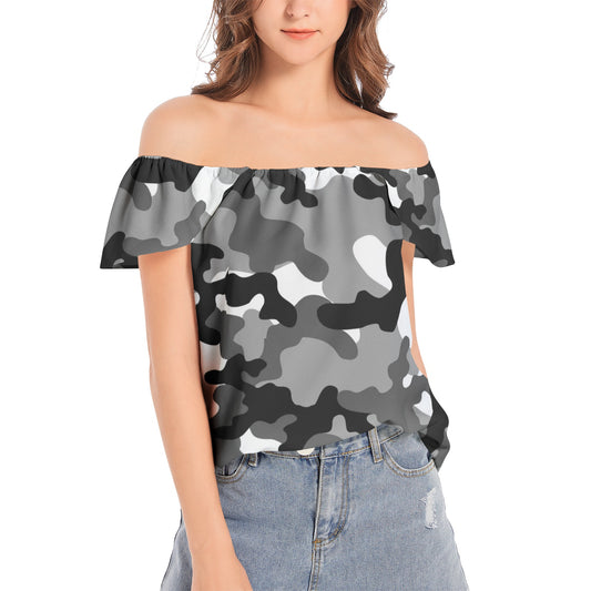 Off The Shoulder Camo Top | Gray, Black and White Camouflage