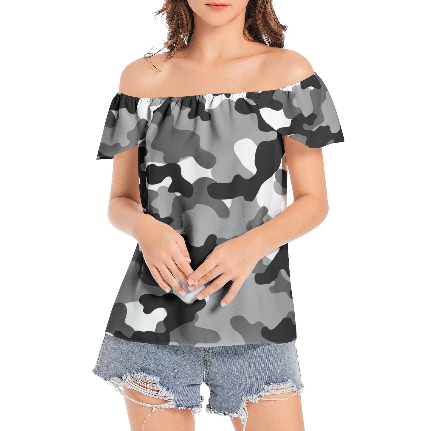 Off The Shoulder Camo Top | Gray, Black and White Camouflage