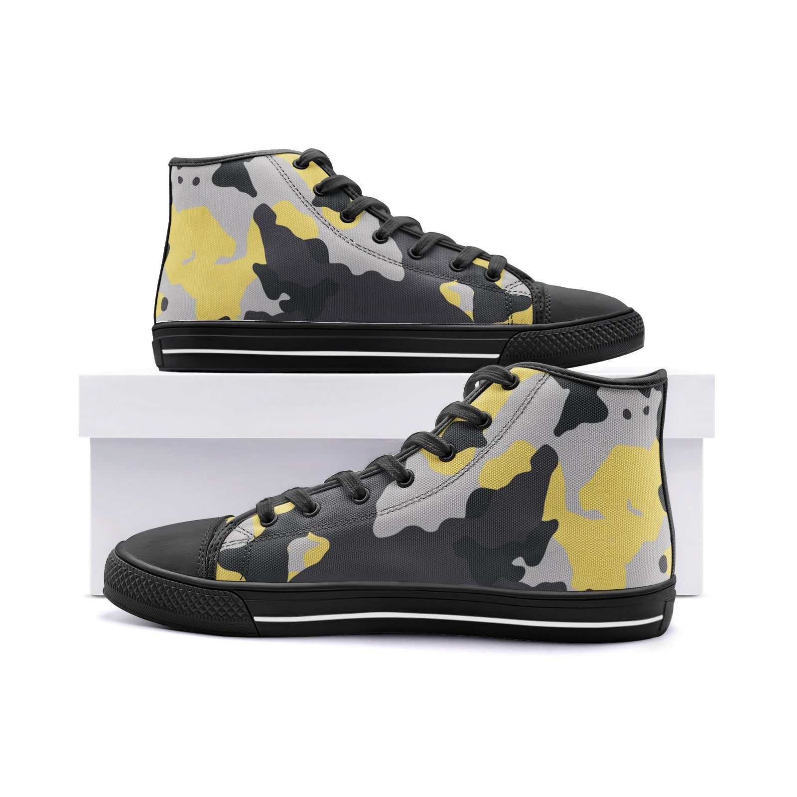 Camo Shoes | HIgh Top Canvas | Yellow, Black, and Silver