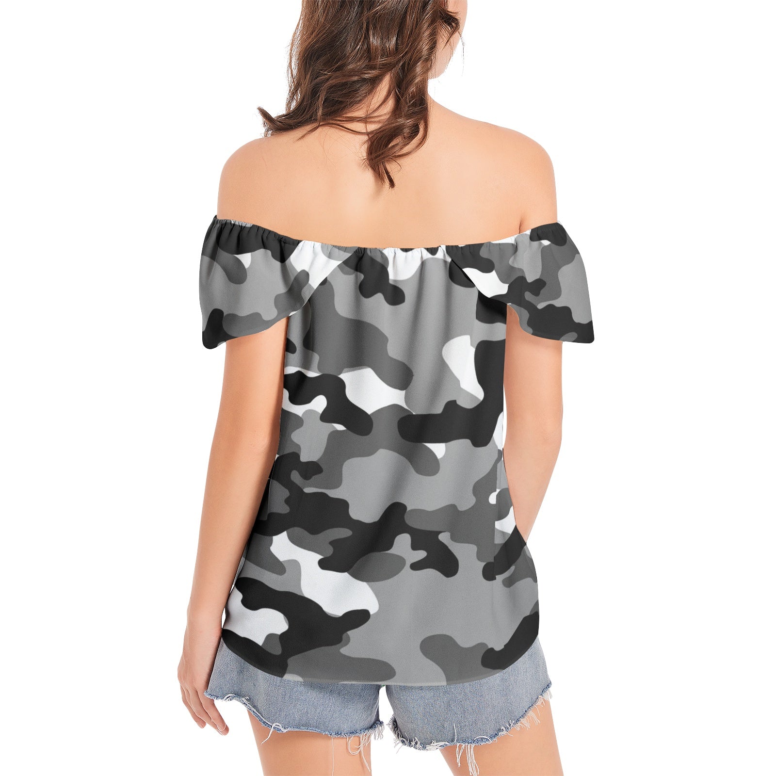 Off The Shoulder Camo Top | Gray, Black and White Camouflage