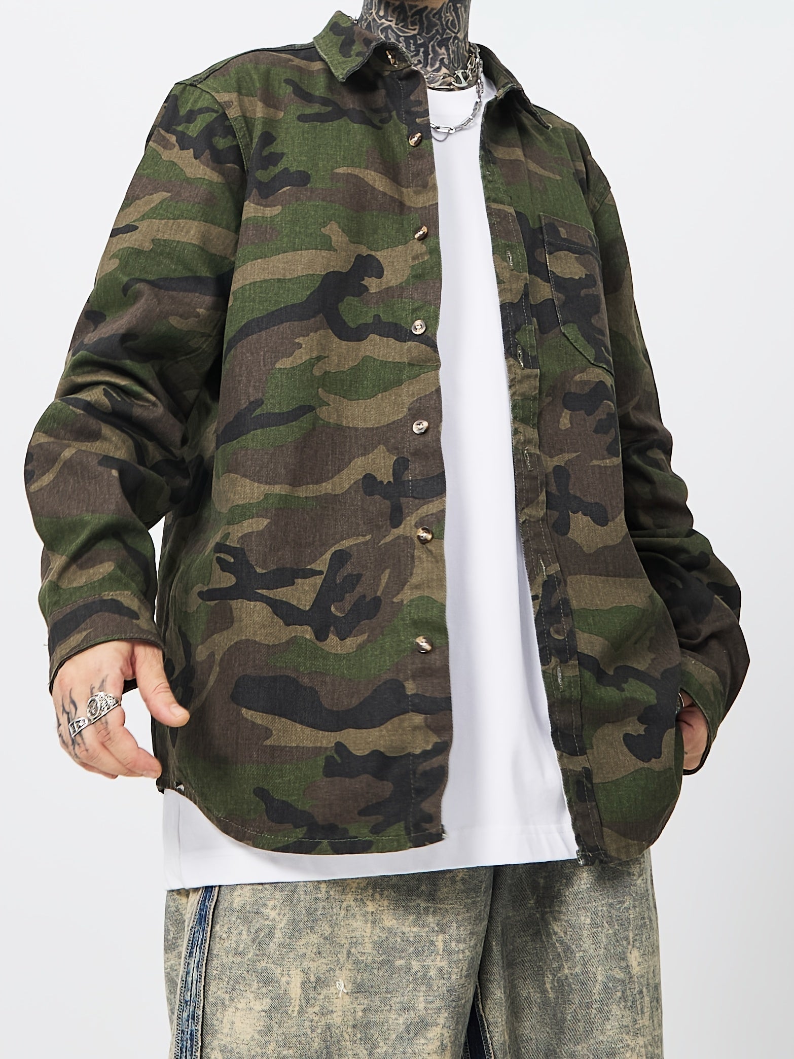 Men's Green Camo Denim Shirt | Long Sleeve Button Up Shirt