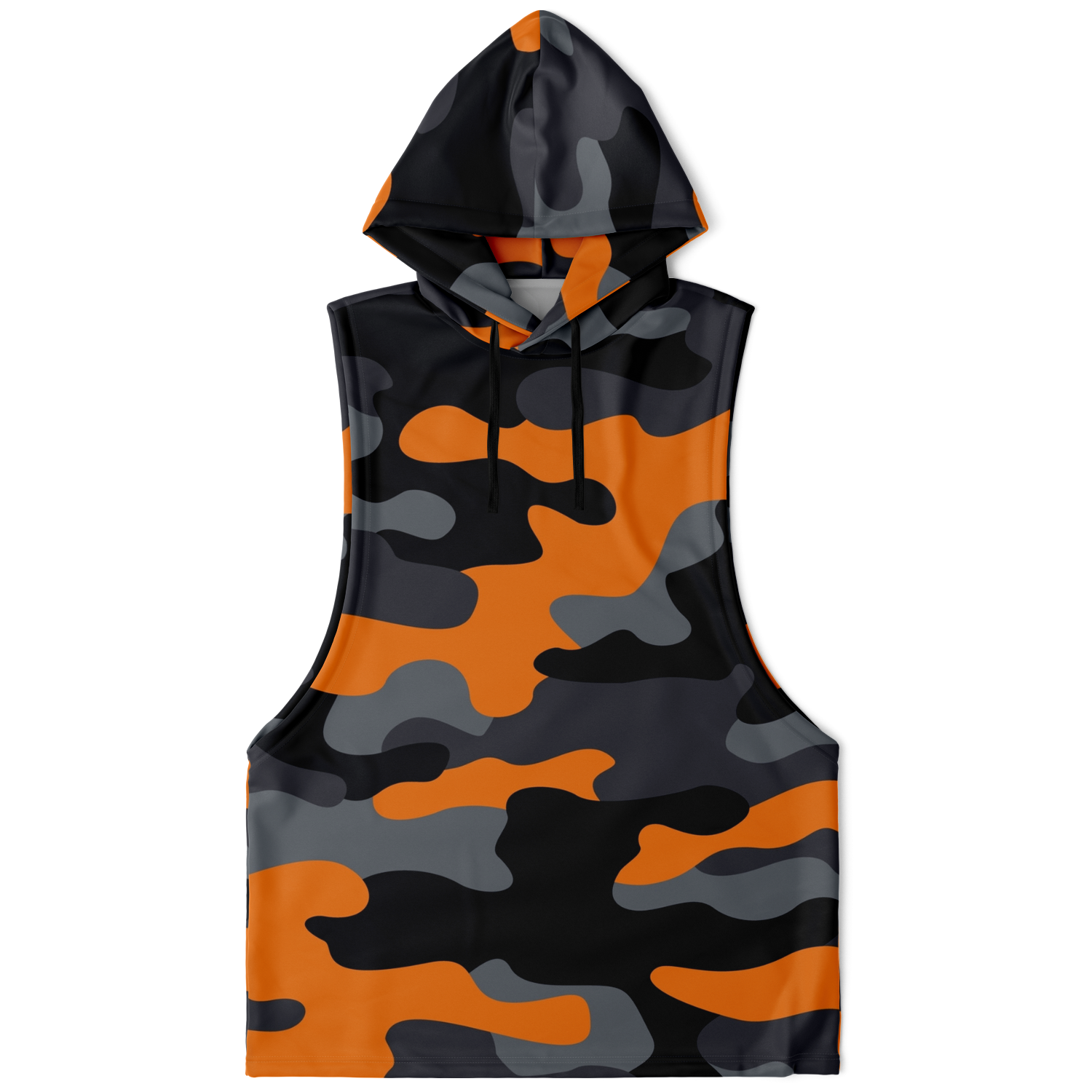 Sleeveless Hoodie | Orange, Gray & Black Camouflage