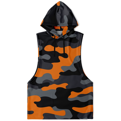 Sleeveless Hoodie | Orange, Gray & Black Camouflage