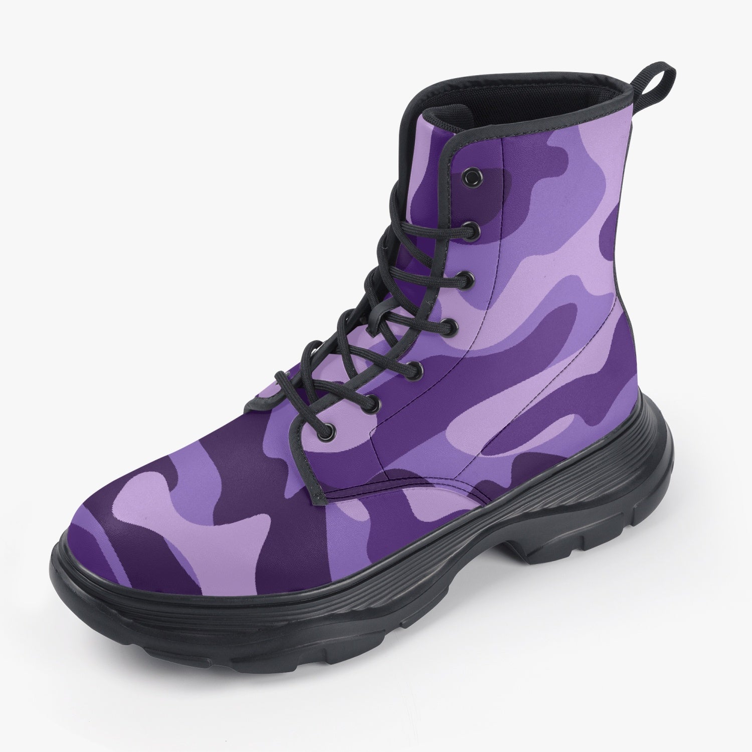 Chunky Boots | Leather in Purple, Blue, & Mauve Camouflage