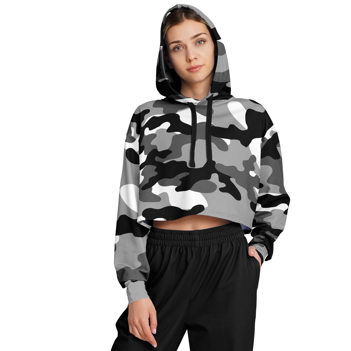 Cropped Hoodie For Women Black White Gray Camouflage XS