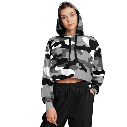 Cropped Hoodie For Women | Black, White & Gray Camouflage