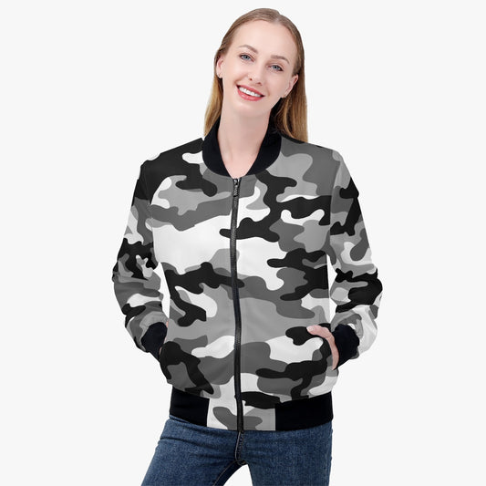 Women's Camo Bomber Jacket | Gray, Black and White