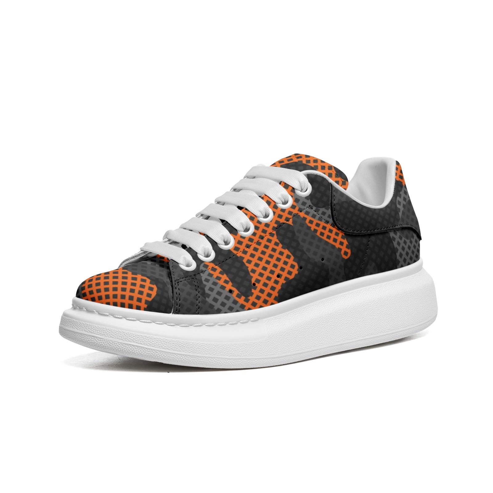 Oversized McQueen Sneakers | Black & Orange Pixel Camouflage