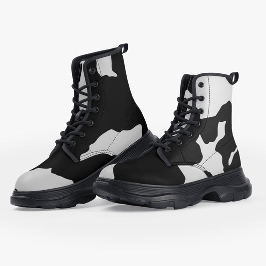 Chunky Boots | Leather in Black & White Cow Print Camouflage