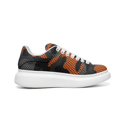 Oversized McQueen Sneakers | Black & Orange Pixel Camouflage