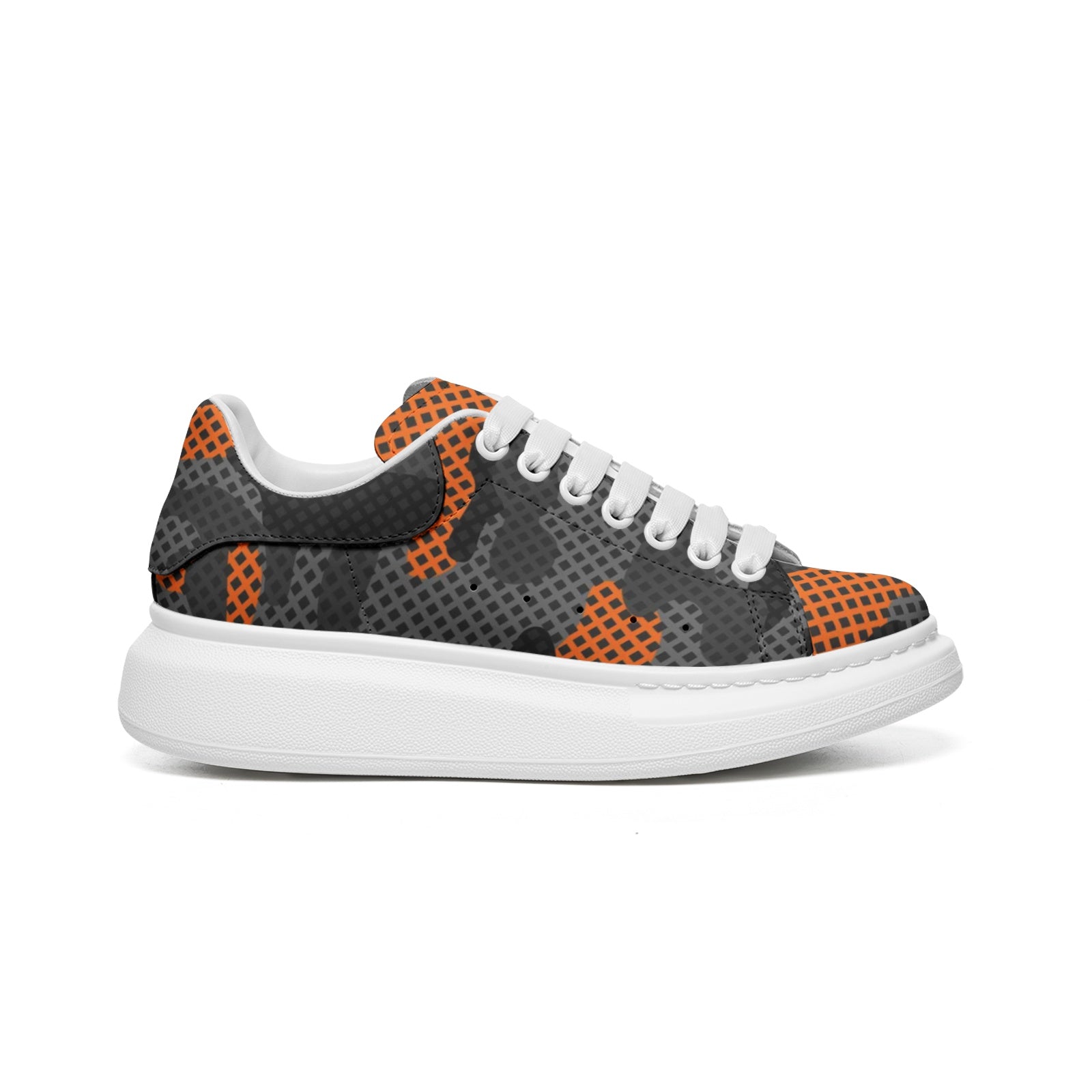 Oversized McQueen Sneakers | Black & Orange Pixel Camouflage