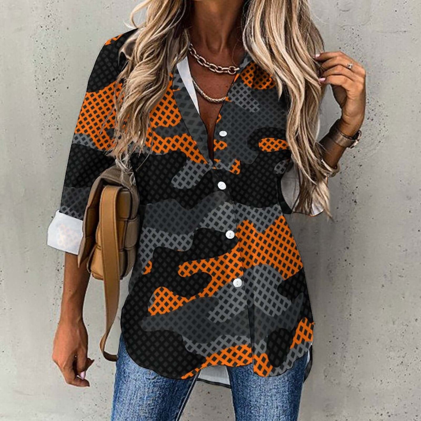 Women's Button-Up Camo Shirt | Orange & Black Pixel