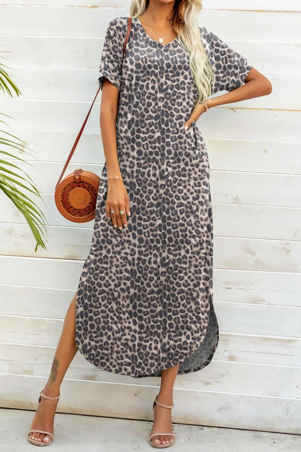 Printed V-Neck Curved Hem Camo Dress