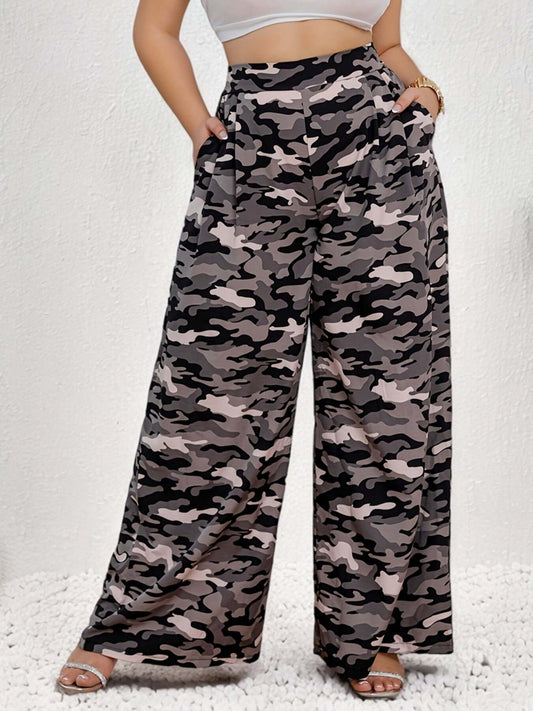 Plus Size Camo Wide Leg Pants w Pockets | High Waist Loose Fit