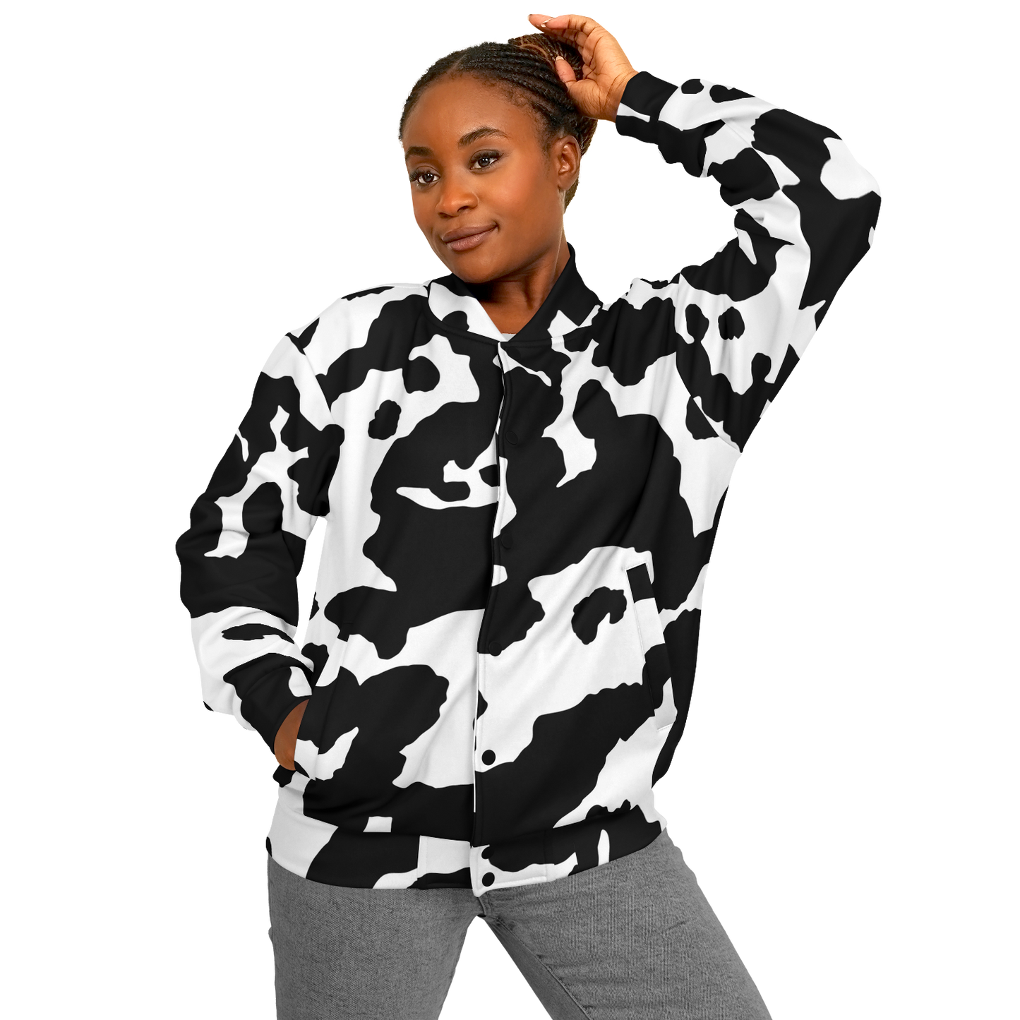 Baseball Jacket in Black & White Cow Print | Unisex