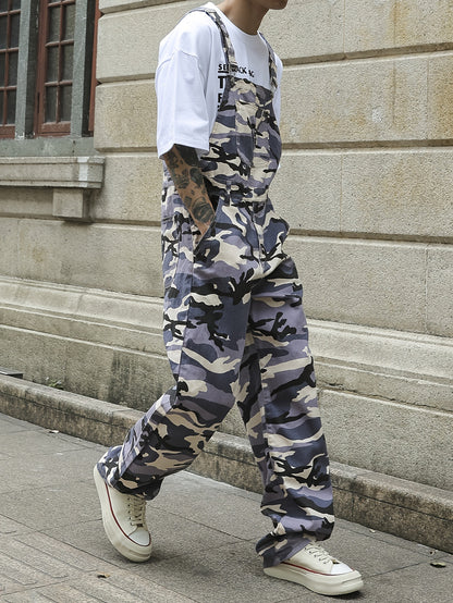 Men's Gray Camo Denim Overalls with Zip