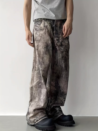 Camo Splatter Print Distressed Low-Rise Wide-Leg Jeans | Cotton Blend