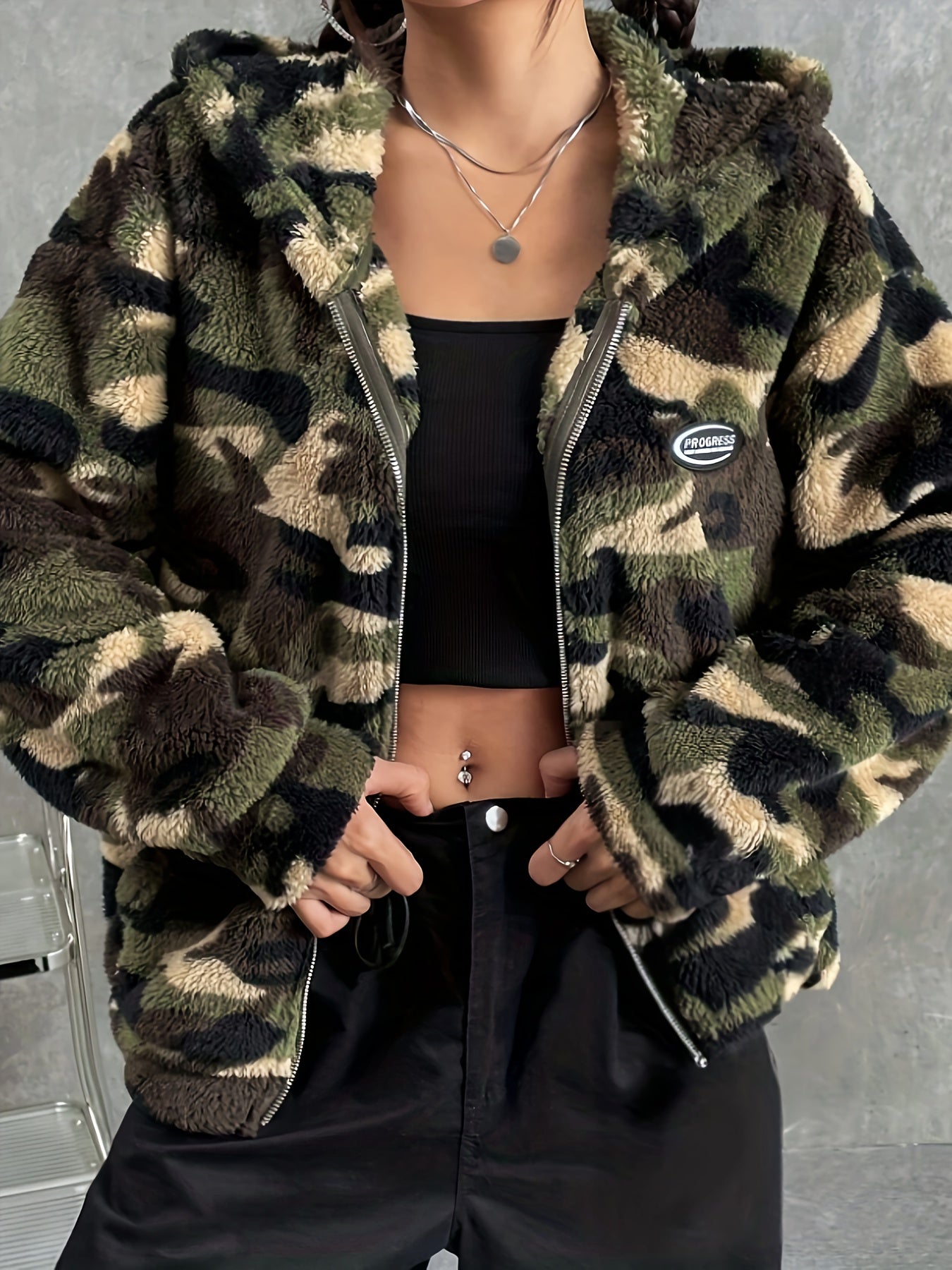 Women's Camo Print Zip-up Fluffy Jacket: Hooded, Fall/Winter