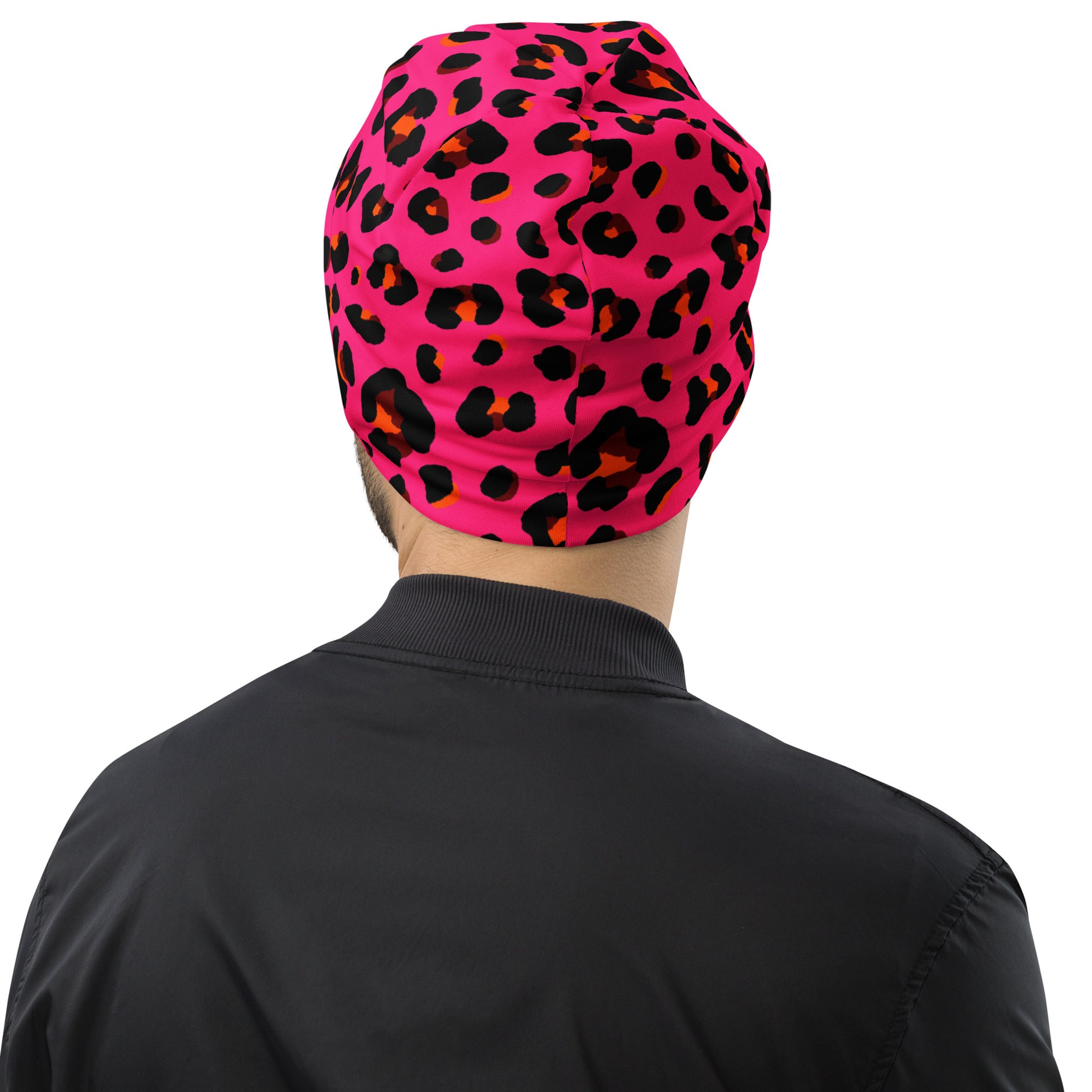 Leopard Print Beanie | Cerise Pink, Orange, and Black