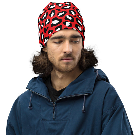 Leopard Print Beanie | Red, Black and White